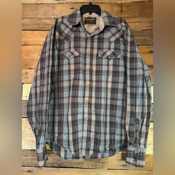 Wrangler Other - Wrangler Retro Pearl Snap Long‎ Sleeve Shirt Men's Medium Plaid Grey Blue